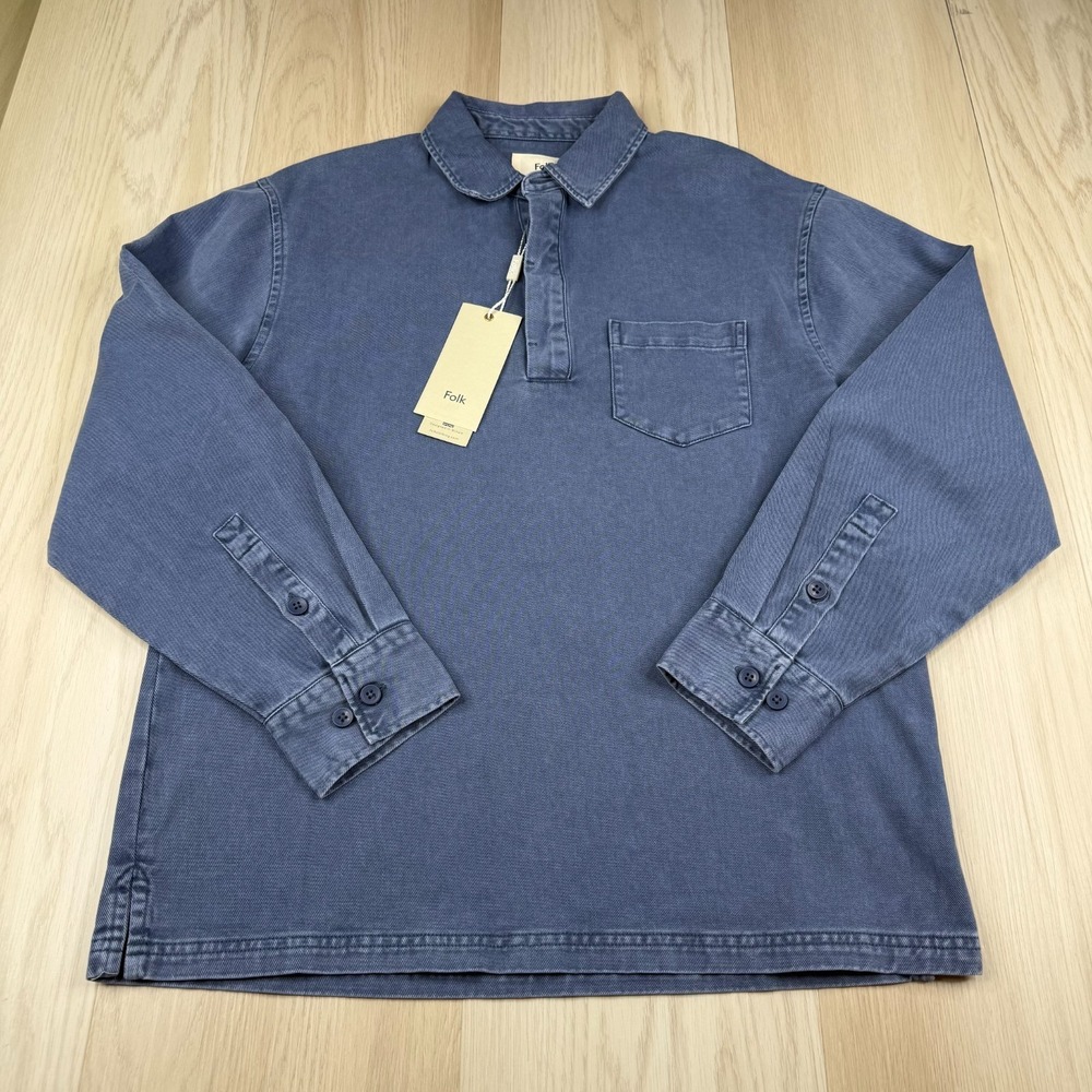 NWT Folk Mens Blue Denim Classic Preppy Outdoor Quinn Rugby Polo Shirt Size S